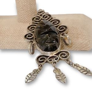 Vintage 925 Sterling Silver Carved Obsidian Pin Brooch Warrior Mask Black Mexico